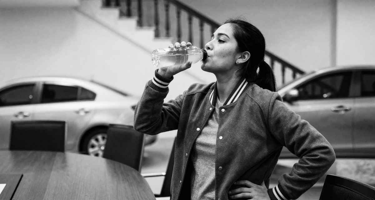 A lazy Female From the Philippines, based in Cebu City, graduated from a local college majoring in public relations in their 27, focusing on long-term wealth building, wearing a casual varsity jacket look, drinking from a water bottle in a conference room.
