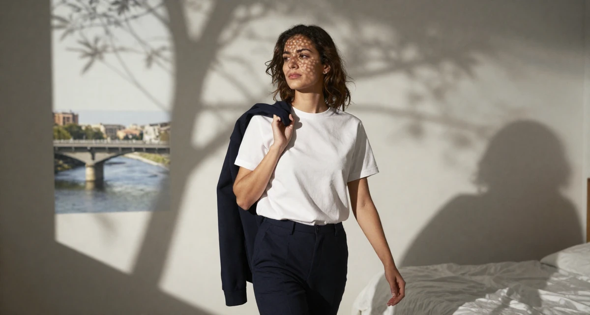 A zen-like Female From Barcelona Spain, majored in audiovisual production in their 24, walking briskly with purpose and focus, wearing a classic collegiate style, holding a jacket over a shoulder in a minimalist bedroom.