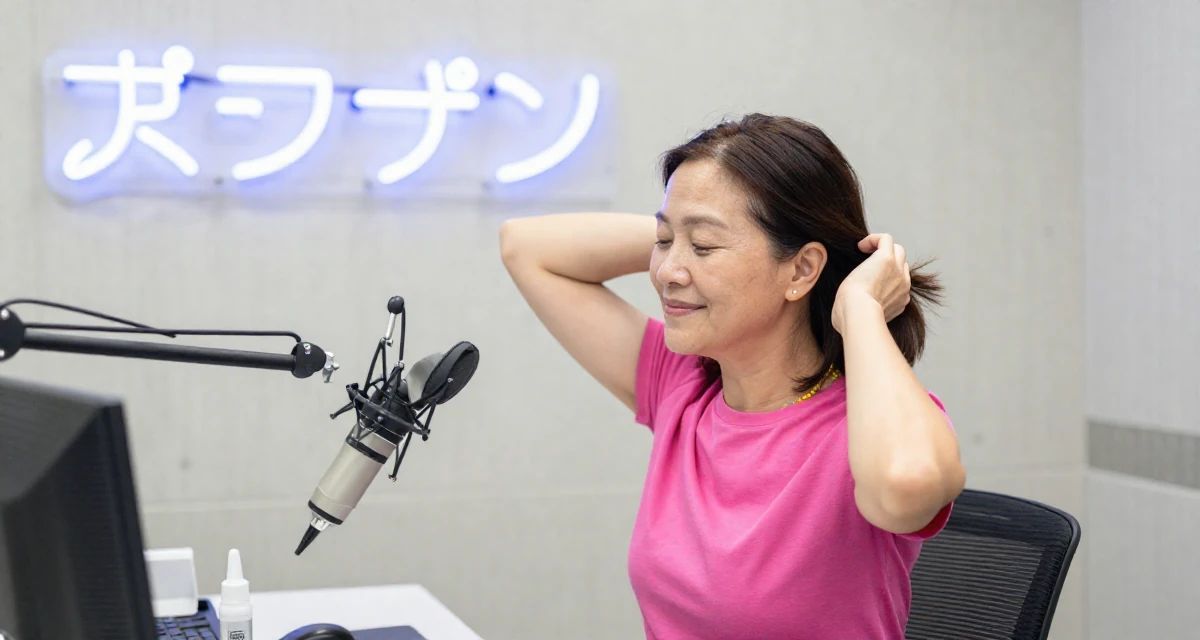 A blissful Female From Malaysia, based in Penang, graduated from a private university majoring in digital media in their 44, sharing high-end skincare routines for aging, wearing a pop of color accessory look, pausing mid-step in a radio station.