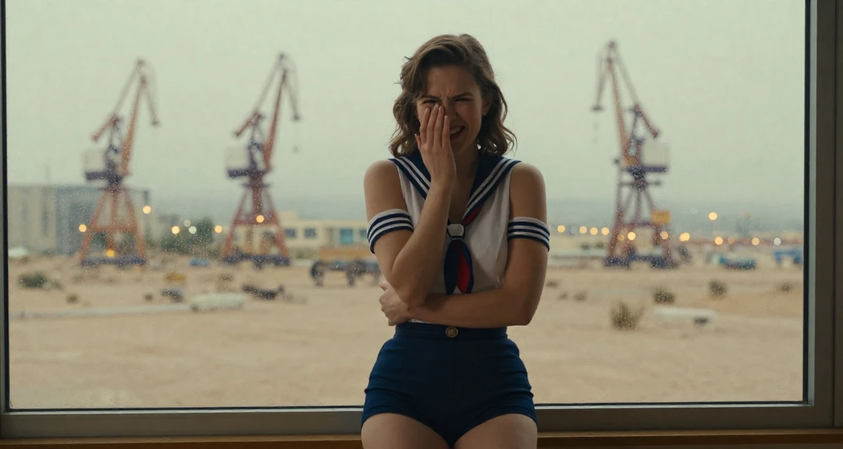 A cynical Female Once a biology teacher, now exploring artistic movement expression in their 24, building a flirty persona fans instantly recognize, wearing a vintage pin-up sailor outfit with high-waisted shorts, covering a laugh with one hand in a desert landscape.