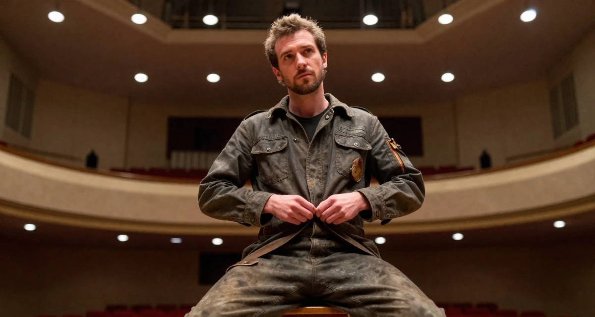 A alluring male Grew up in Croatia, studied interaction design in their 25, questioning long-term direction, wearing a steampunk mechanic jumpsuit with grease stains, buttoning up a jacket in a concert hall.