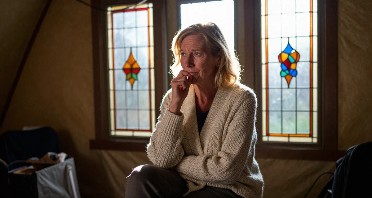 A indifferent Female From Canada, majored in anthropology in their 50, golden jubilee celebration of life, wearing a cozy knit cardigan and slacks, biting a lip thoughtfully in a camping site.