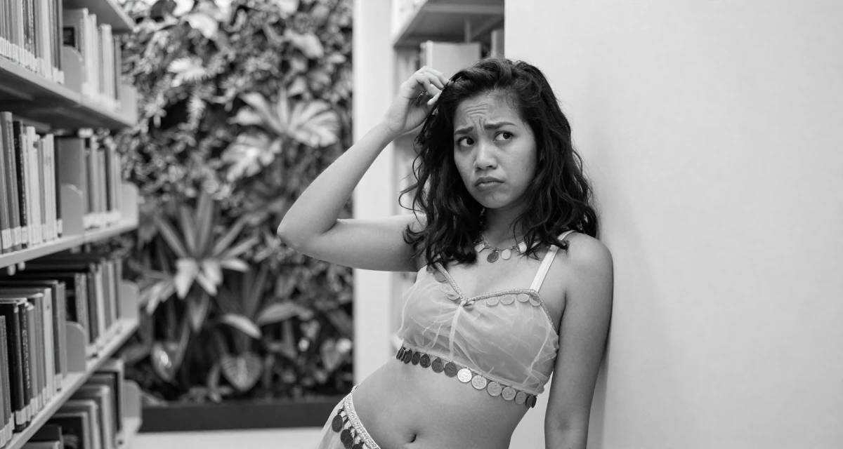 A worried Female From the Philippines, based in Davao, graduated from a communication program majoring in fan engagement dynamics in their 23, experimenting with playful facial expressions, wearing a belly dancer outfit with sheer fabrics and coins, retouching hair volume in a library aisle.