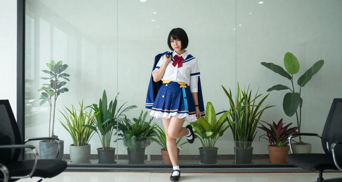 A self-assured Female From Indonesia, based in Bali, graduated from an arts institute majoring in expressive digital portraits in their 30, standing tall with unshakeable dignity, wearing a anime idol stage costume with ribbons and glitter, holding a jacket over a shoulder in a glass-walled conference room.