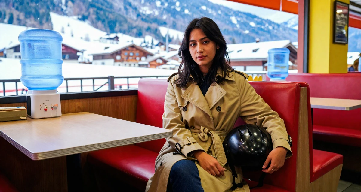 A calm and confident Female From Johor Malaysia, studied early childhood education in their 22, filming between classes because real life leaves no time, wearing a long trench coat belted tightly at the waist, holding a helmet under one arm in a restaurant booth.