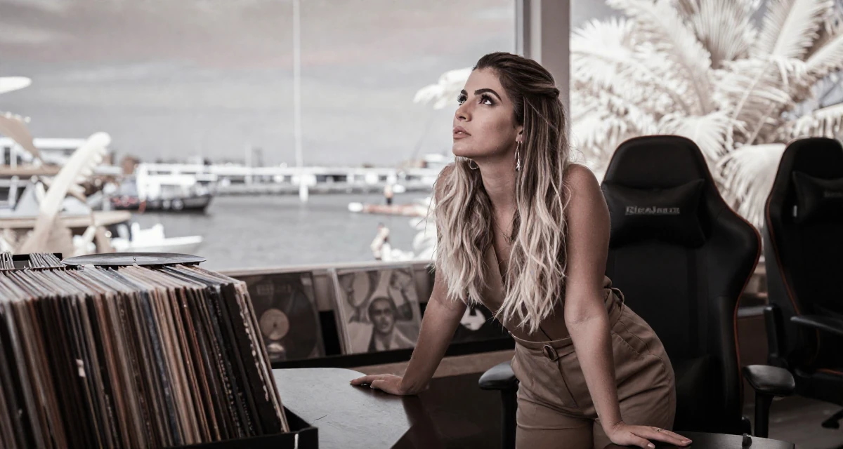 A intense and captivating Female From Brazil, studied fashion merchandising in their 24, establishing a distinct professional reputation, wearing a muted earth-tone clothing set, gazing at the sky in a gaming room.