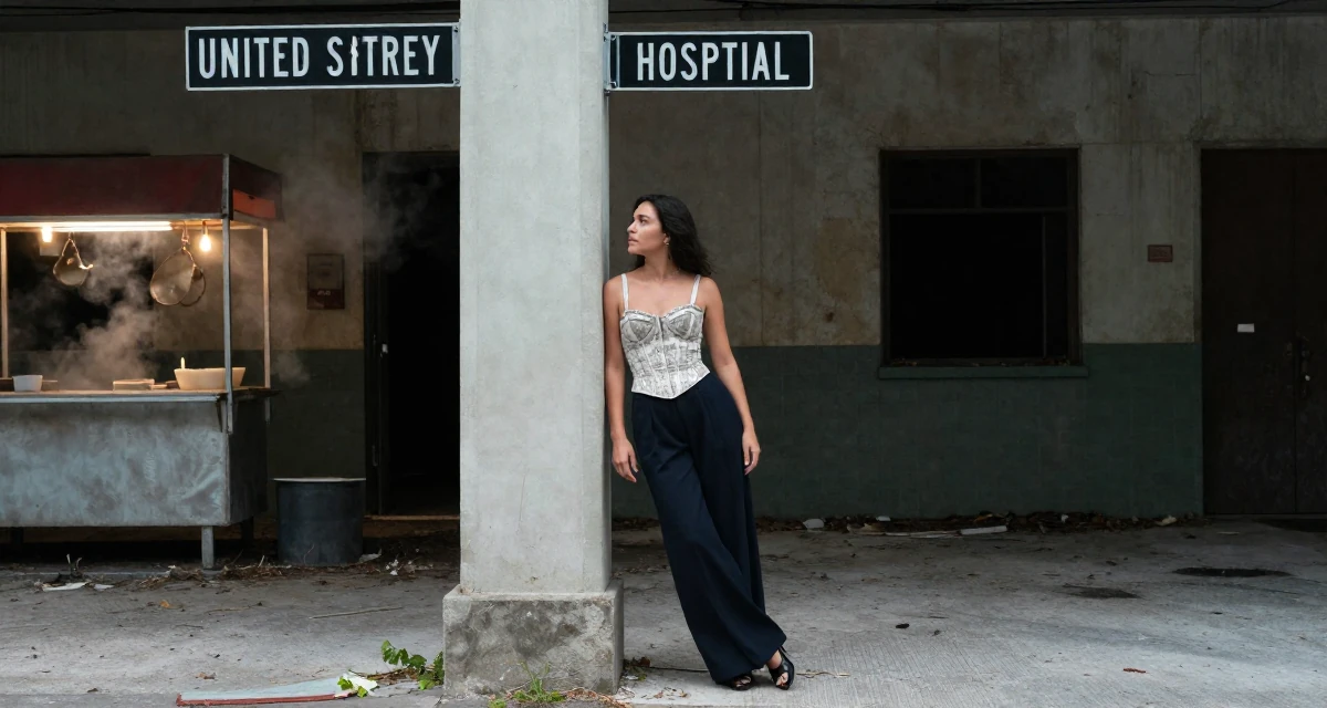 A patient Female From United States, majored in hospitality operations in their 38, capturing cinematic moments of daily life, wearing a corset-style top and wide-leg trousers, looking at a street sign in a abandoned hospital.