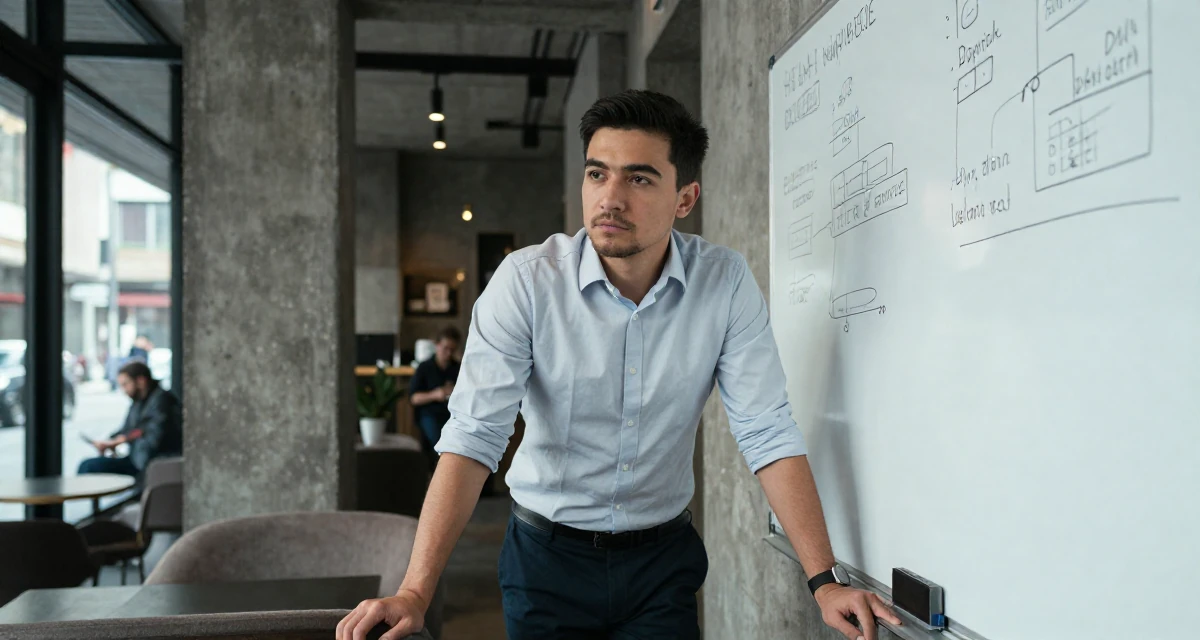 A solemn male Once a photography assistant, now starring in her own visual stories in their 24, forming long-term goals for the first time, wearing a crisp button-up with rolled sleeves, resting hands on a table in a hotel lobby.