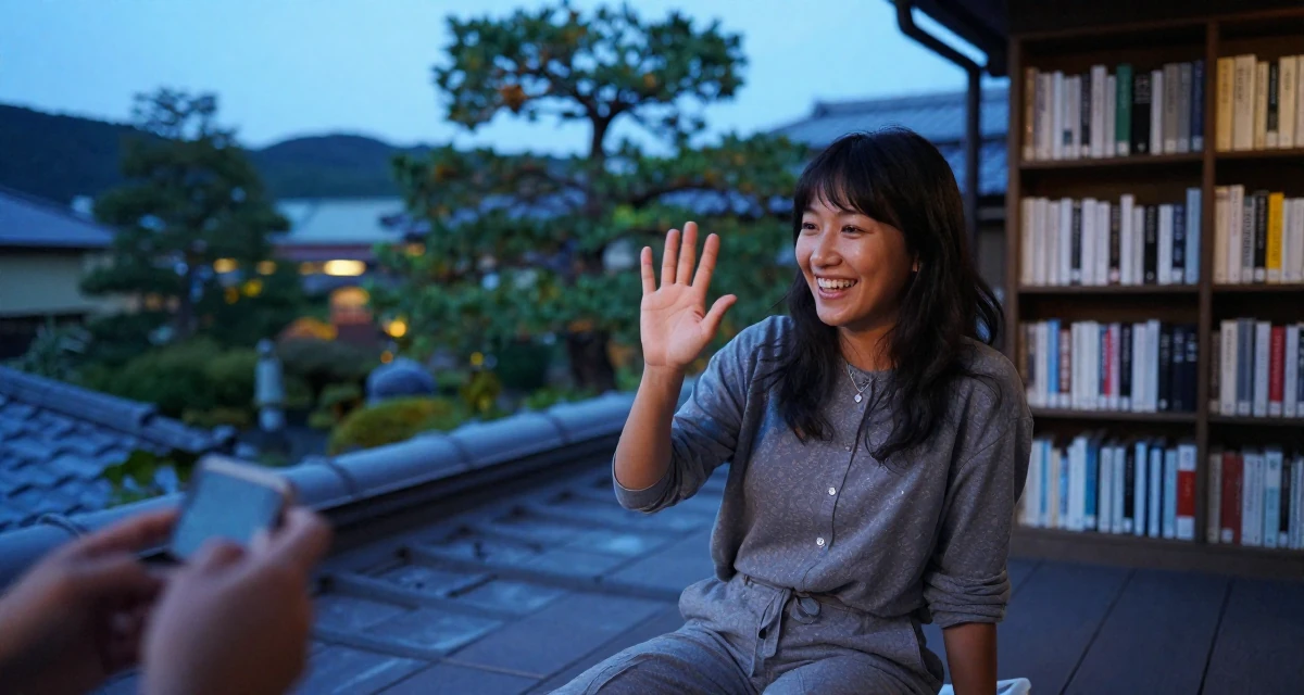 A vibrant and alive Female From Belgium, has a degree in international law in their 25, becoming more selective with fan interactions, wearing a grey tones casual wear, waving to someone in a rooftop terrace at sunset.