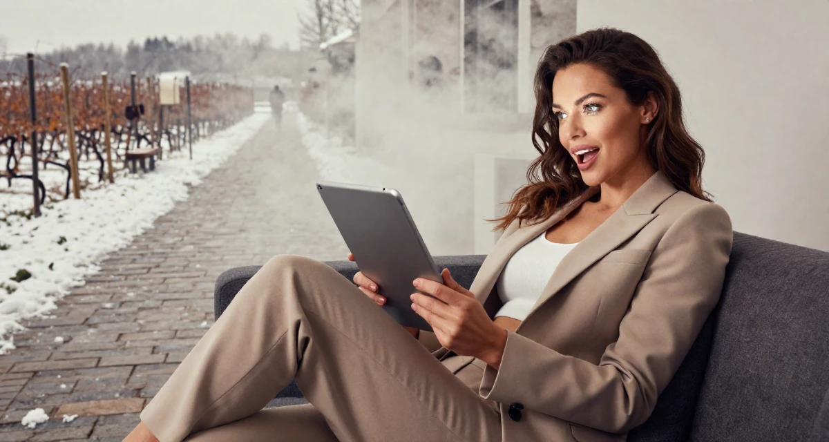 A spirited Female From Rotterdam Netherlands, practiced lifestyle videography and editing in their 24, crafting visual stories with romantic–sensual undertones, wearing a smart casual blazer ensemble, holding a tablet device in a snowy sidewalk.