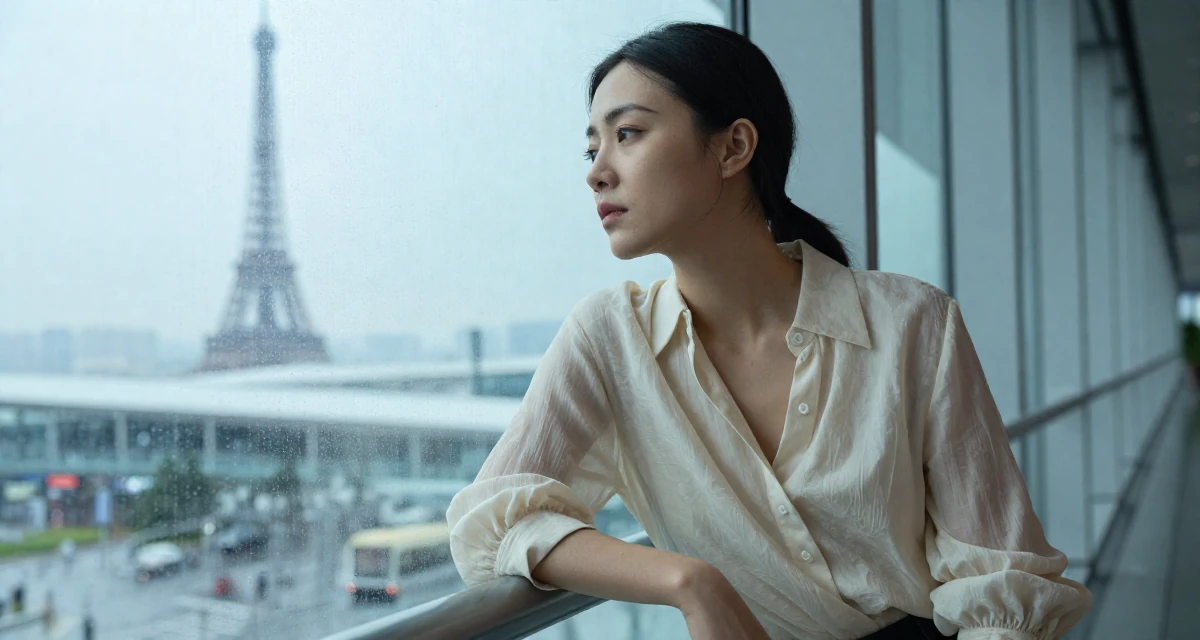 A stoic Female From Guangzhou China, learned fashion styling through studio work in their 27, feeling more comfortable in their own skin, wearing a lightweight chiffon blouse slightly unbuttoned, looking out the window in a airport terminal.
