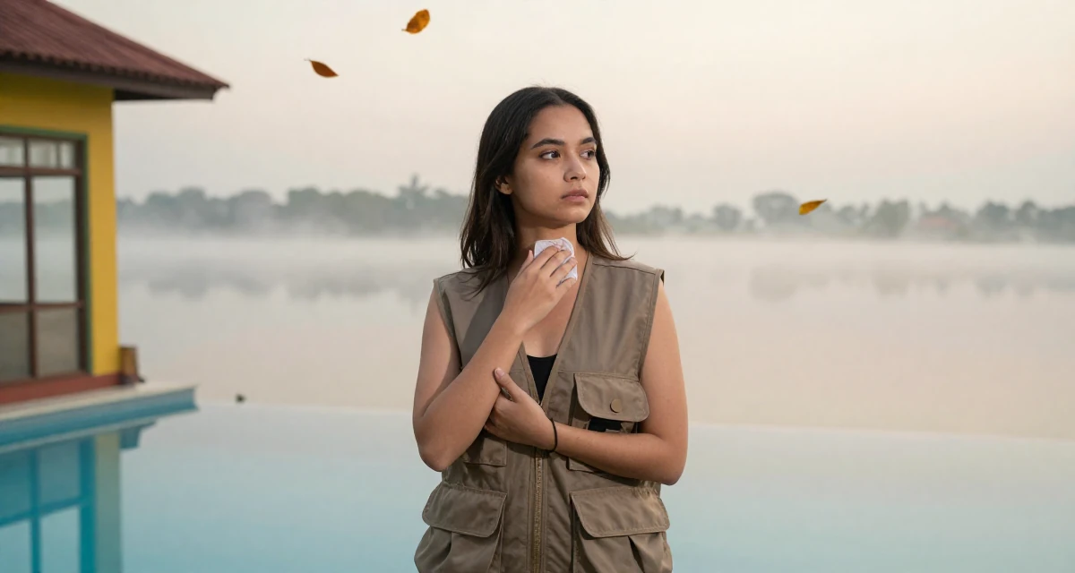 A absent-minded Female Born in Indonesia, studied brand communication in their 22, responding to fans while keeping emotional distance, wearing a urban explorer utility vest look, wiping hands in a swimming pool.