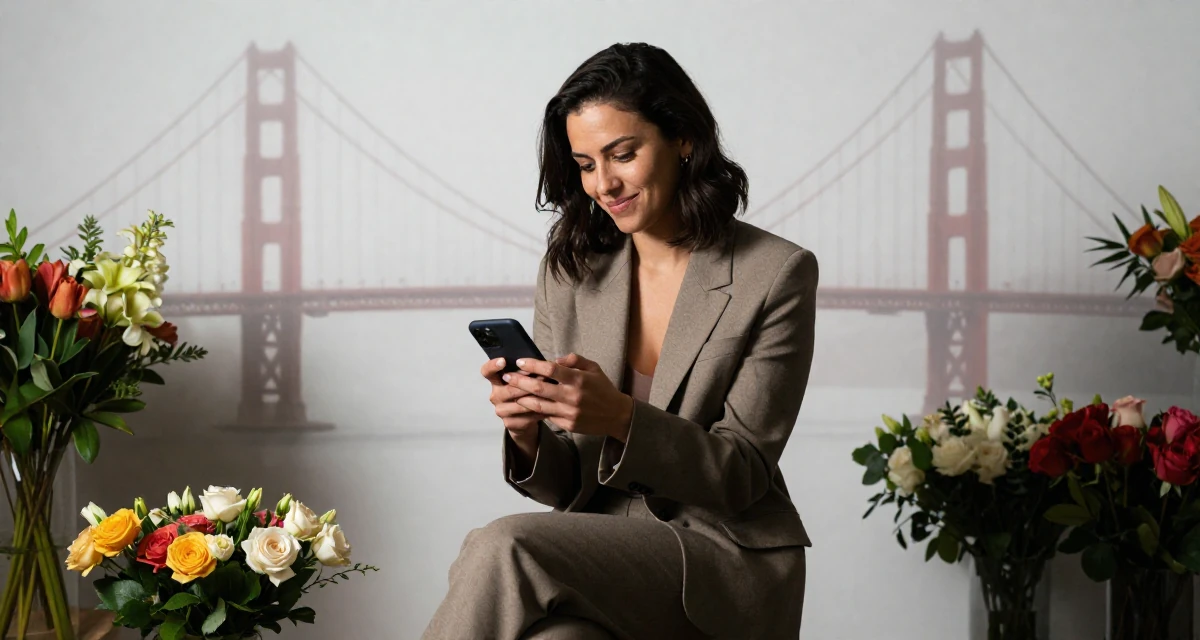 A flirty Female From Sydney Australia, holds a degree in environmental science in their 24, performing with growing confidence and playful charm, wearing a smart casual blazer ensemble, checking a notification on a phone in a flower shop.