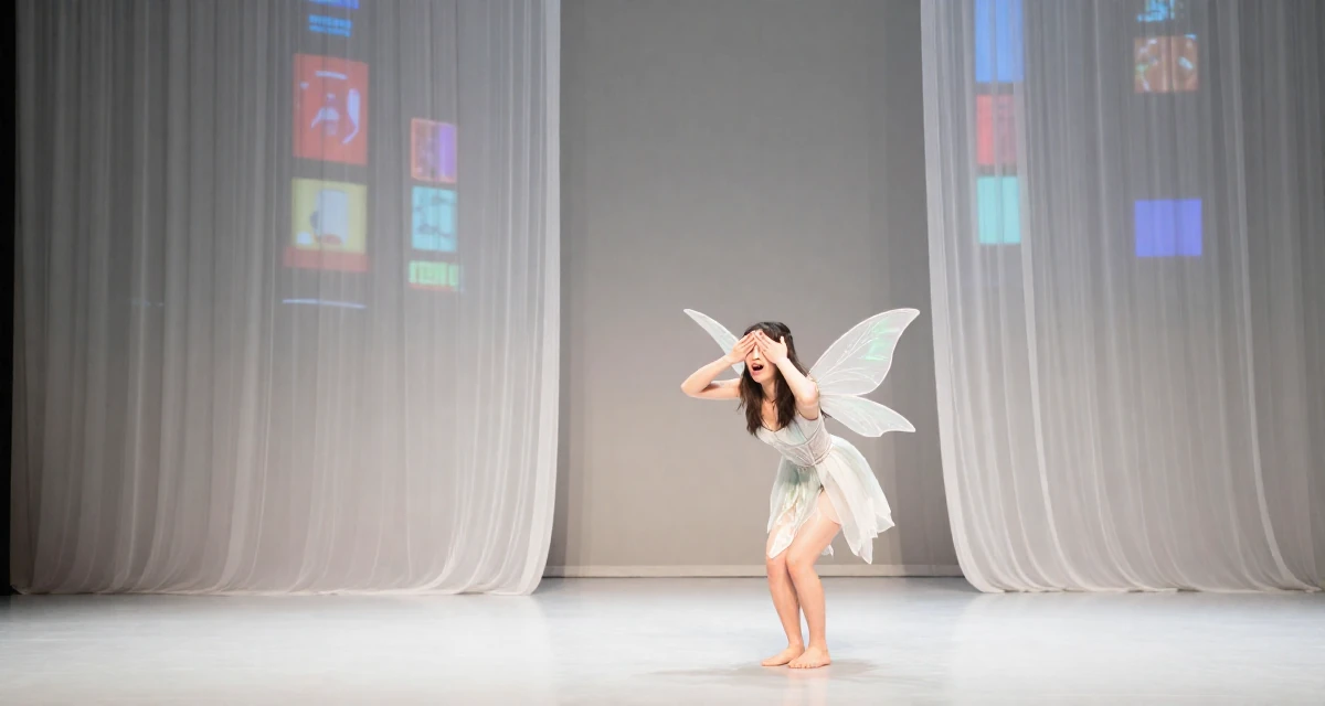 A anxious but excited Female From Japan, studied English literature in their 36, sharing tips for organizing a chaotic home, wearing a fairy costume with translucent iridescent wings, covering eyes from the sun in a empty theater stage.