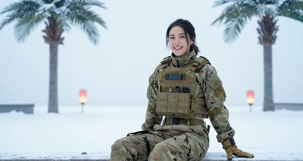 A upbeat Female From Los Angeles USA, majored in performing arts in their 43, balancing a demanding career with self-care, wearing a tactical military gear with a cropped vest and cargo pants, shivering slightly in a photo studio.
