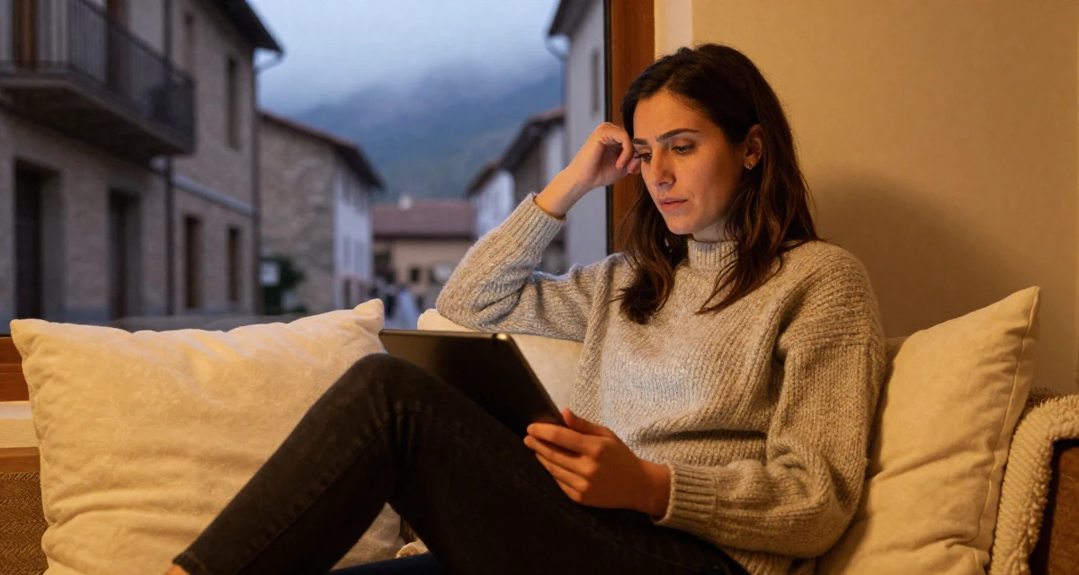 A relaxed and observant Female From Spain, majored in public relations and advertising in their 24, worried about the future of the economy, wearing a textured wool sweater, holding a tablet in a quaint European street.
