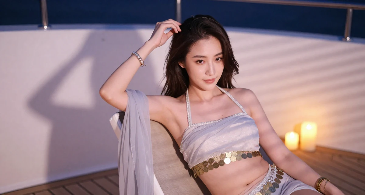 A gently amused Female From Chiang Mai Thailand, studied alternative wellness and body flow in their 24, refining a signature style between classy and daring, wearing a belly dancer outfit with sheer fabrics and coins, adjusting a hairpin in a yacht deck.