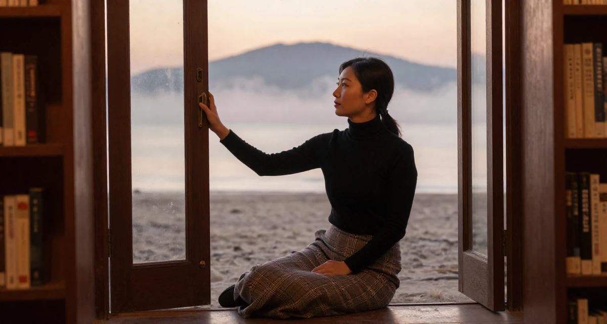 A calmly observant Female From Macau, studied hospitality management in their 40, turning a lifelong hobby into a profession, wearing a classic black turtleneck tucked into a plaid midi skirt, pushing a door open in a sunset beach.