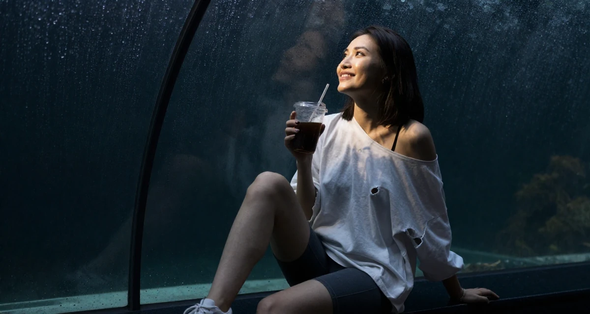 A bright and optimistic Female Grew up in the Czech Republic, studied digital film production in their 23, feeling pressure to “figure life out” quickly, wearing a oversized white shirt worn off one shoulder and biker shorts, holding a cold drink in a aquarium tunnel.