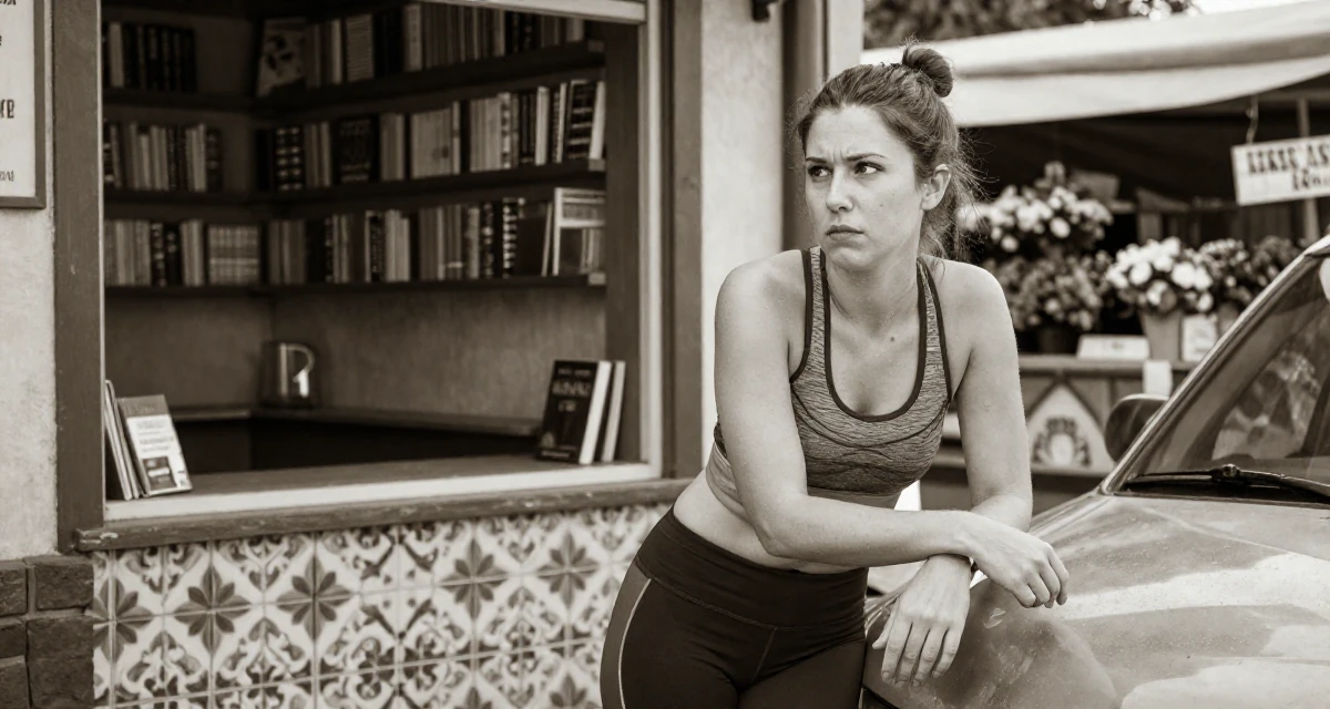 A tense Female Once a junior bar worker, now a nightlife-themed creator in their 42, sharing the reality of executive burnout, wearing a sporty athleisure look, glancing sideways in a cozy reading nook by a window.