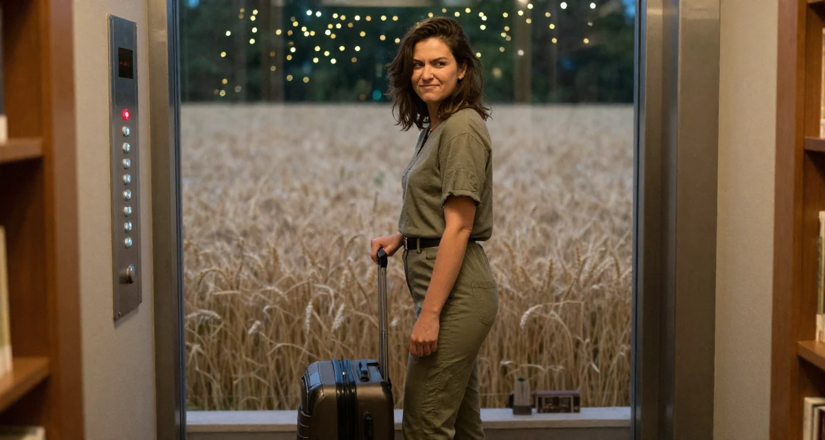 A teasing Female From Canada, studied hospitality management in their 25, upgrading equipment slowly as earnings grow, wearing a muted olive green tones, pulling a suitcase in a quiet library corner.