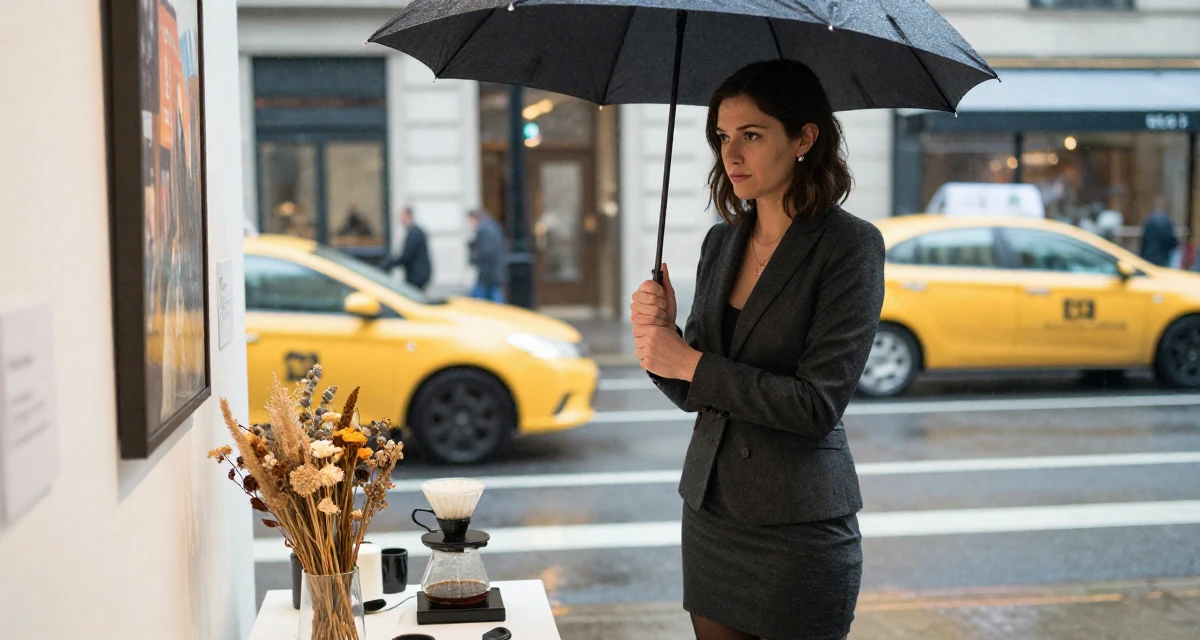A stoic Female Once a med-school dropout, now exploring emotional vulnerability through art in their 36, expert in coffee culture and brewing, wearing a black stockings and a charcoal business suit skirt, shaking rain off an umbrella in a museum exhibit.