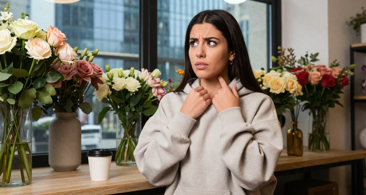 A captivating Female From Spain, majored in cultural management in their 24, fighting guilt when taking a single day off, wearing a trendy oversized hoodie, pointing at something nearby in a flower shop.