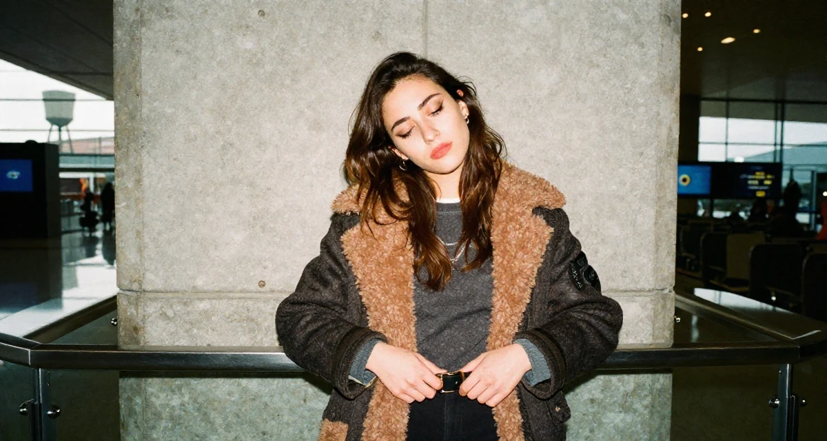 A tired Female From Porto Portugal, studied creative makeup for expressive shoots in their 28, facing creator fatigue while pretending to thrive, wearing a warm winter layered look, fixing a belt buckle in a airport departure lounge.