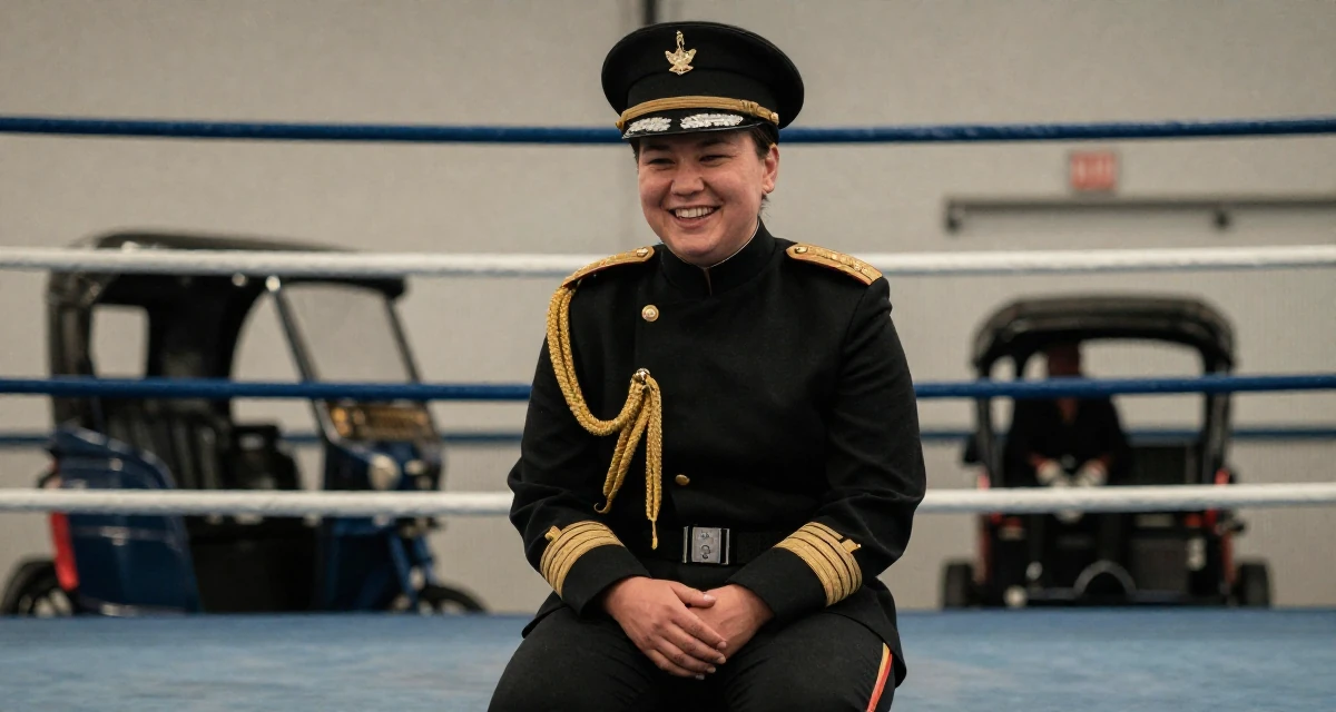 A enthusiastic Female From Wellington New Zealand, majored in sociology in their 25, strengthening personal boundaries and priorities, wearing a imperial officer uniform with a peaked cap, laughing softly in a boxing ring.