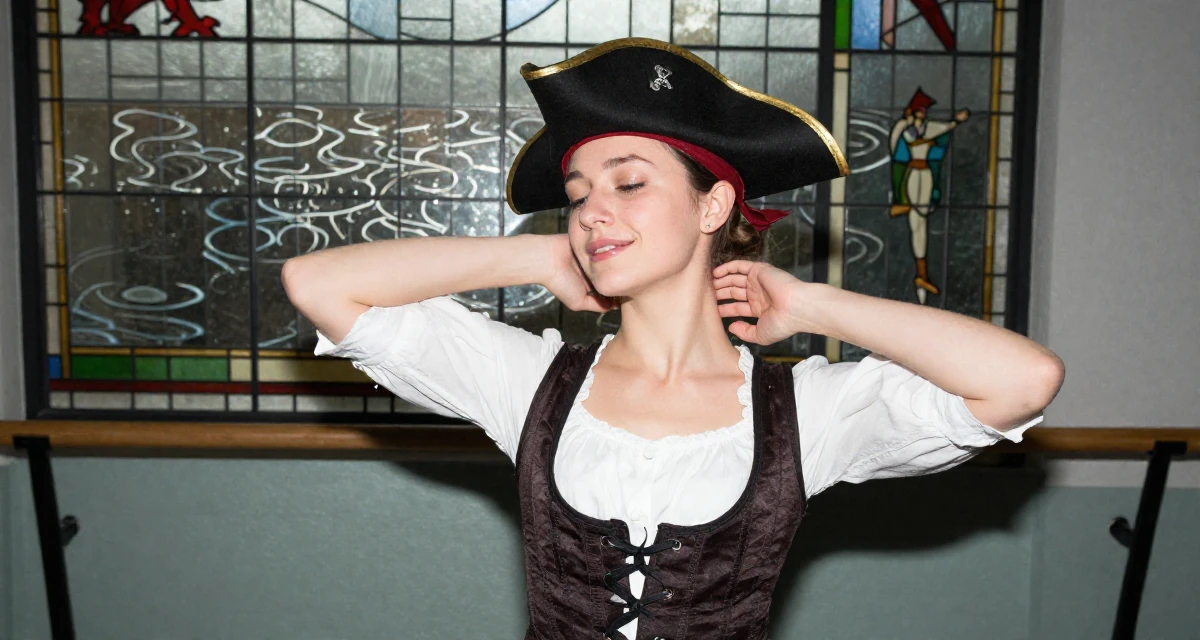 A harmonious Female Born in Wales, majored in education studies in their 22, learning workplace expectations and boundaries, wearing a pirate captain outfit with a corset and tricorn hat, massaging the neck in a ballet studio.