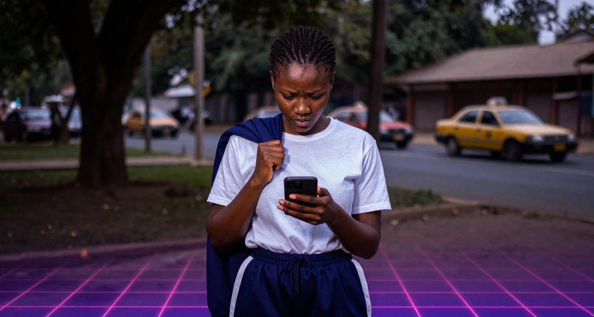 A determined Female From Ghana, majored in banking and finance in their 23, changing career paths with terrifying courage, wearing a school gym uniform with bloomers and a white t-shirt, reading a text message in a quiet park.