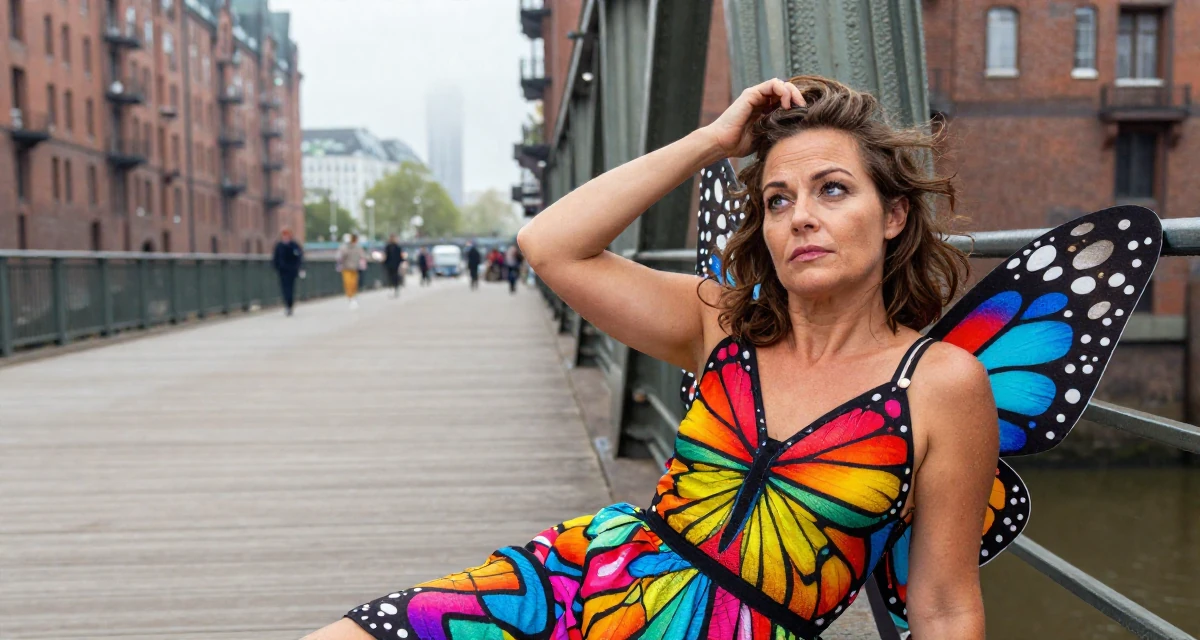A reflective Female From Hamburg Germany, majored in sociology in their 50, exploring semi-retirement options, wearing a butterfly-themed fairy dress with large wings, scratching a head lightly in a bridge walkway.