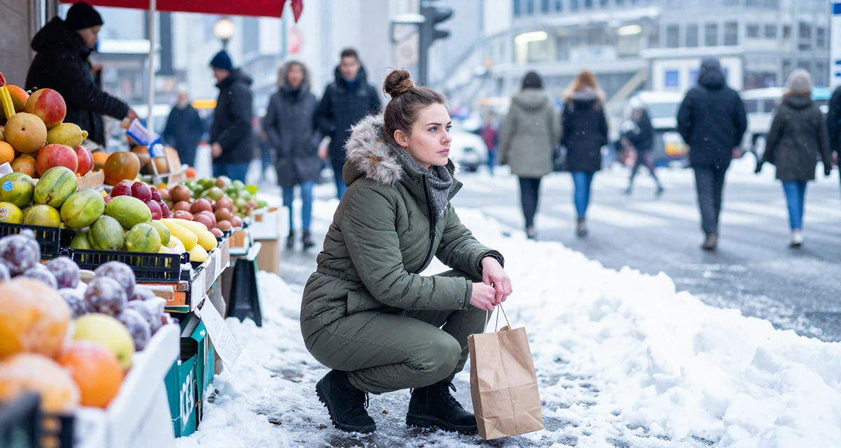 A determined Female From Hungary, has a background in physical education in their 25, trying to avoid burnout from overthinking every post, wearing a muted olive green tones, holding a shopping bag in a snowy sidewalk.