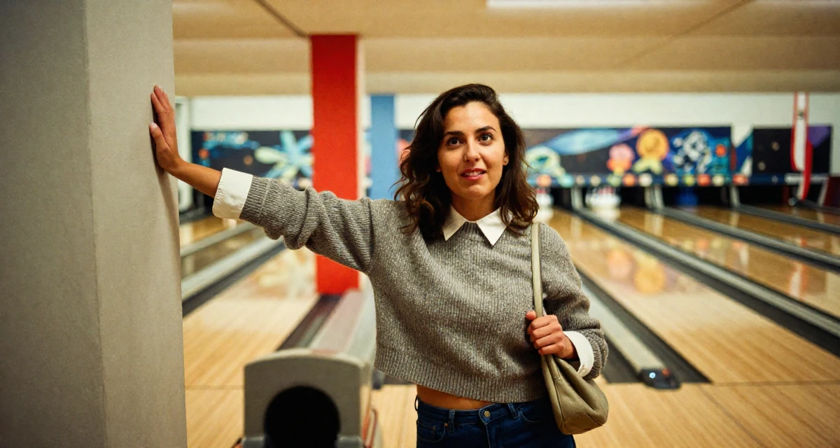 A triumphant Female From France, studied viticulture and oenology in their 20, unsure of their major but faking confidence, wearing a cropped sweater over a collared shirt, holding a purse tightly in a bowling alley.