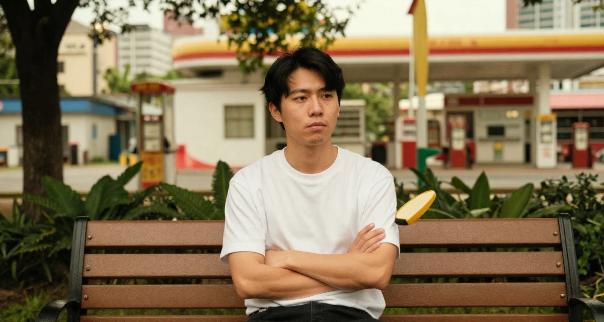 A stoic and strong male From Wuhan China, learned social media branding through indie projects in their 26, juggling real-life chaos with online expectations, wearing a minimalist Scandinavian style, brushing hair back in a park bench.