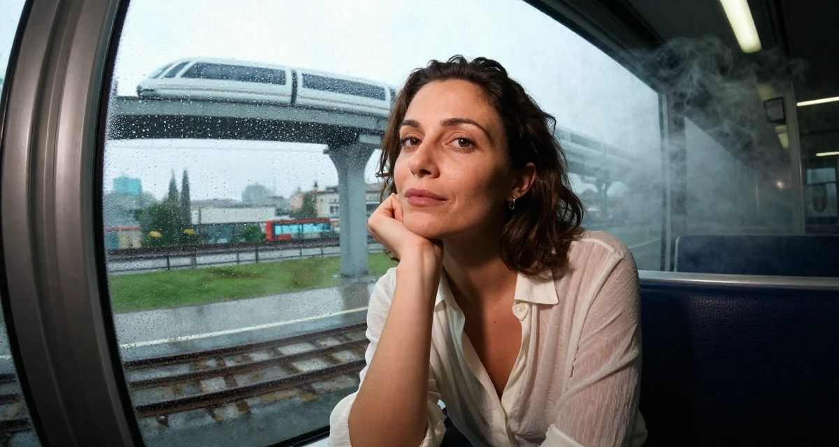 A calm and confident Female From France, has a background in luxury brand management in their 40, re-evaluating life goals with clarity, wearing a lightweight chiffon blouse slightly unbuttoned, pulling a door open in a rainy window seat.