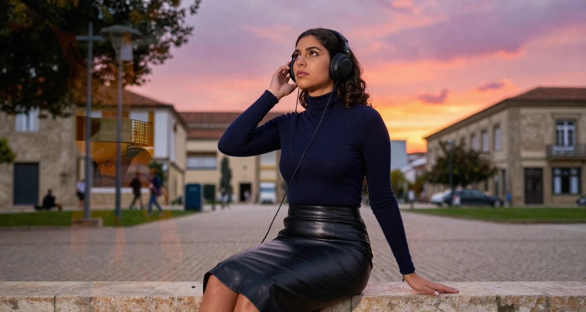 A determined Female From Portugal, based in Faro, graduated from a media institute majoring in stylish audiovisual curation in their 22, using sensual energy as empowerment instead of pressure, wearing a fitted turtleneck and a leather midi skirt, listening to music with headphones in a university campus.