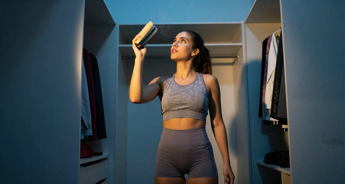 A vibrant Female Grew up in Argentina, majored in audiovisual production in their 22, dealing with loneliness because creator life is misunderstood, wearing a cropped gym top and high-cut running shorts, brushing off dust in a walk-in closet.