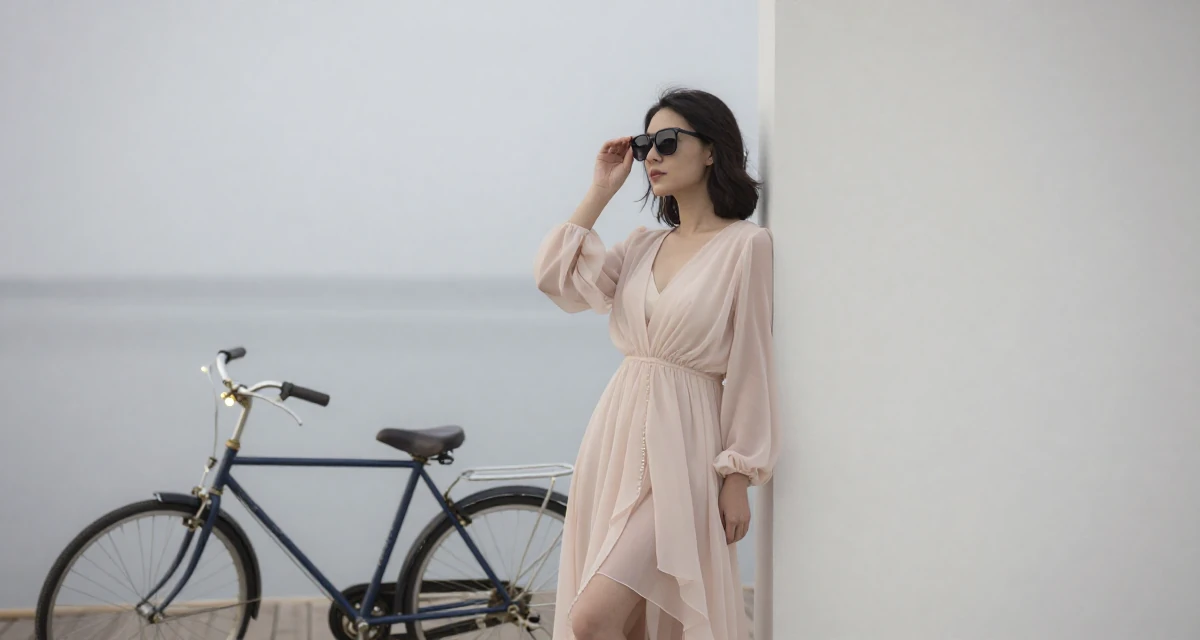 A reassured Female From Mongolia, based in Ulaanbaatar, graduated from a national university majoring in media studies in their 23, discovering the thrill of tasteful seduction, wearing a ethereal spirit dress made of flowing sheer chiffon, putting on sunglasses in a lakeside dock.