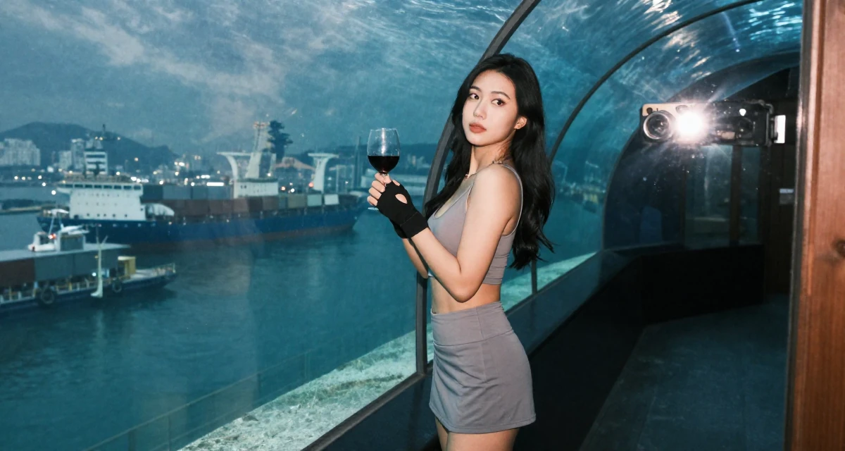 A dreaming Female From Malaysia, majored in international business in their 24, balancing sensuality with authenticity, wearing a fitted crop top and a mini tennis skirt, putting on a glove in a aquarium tunnel.