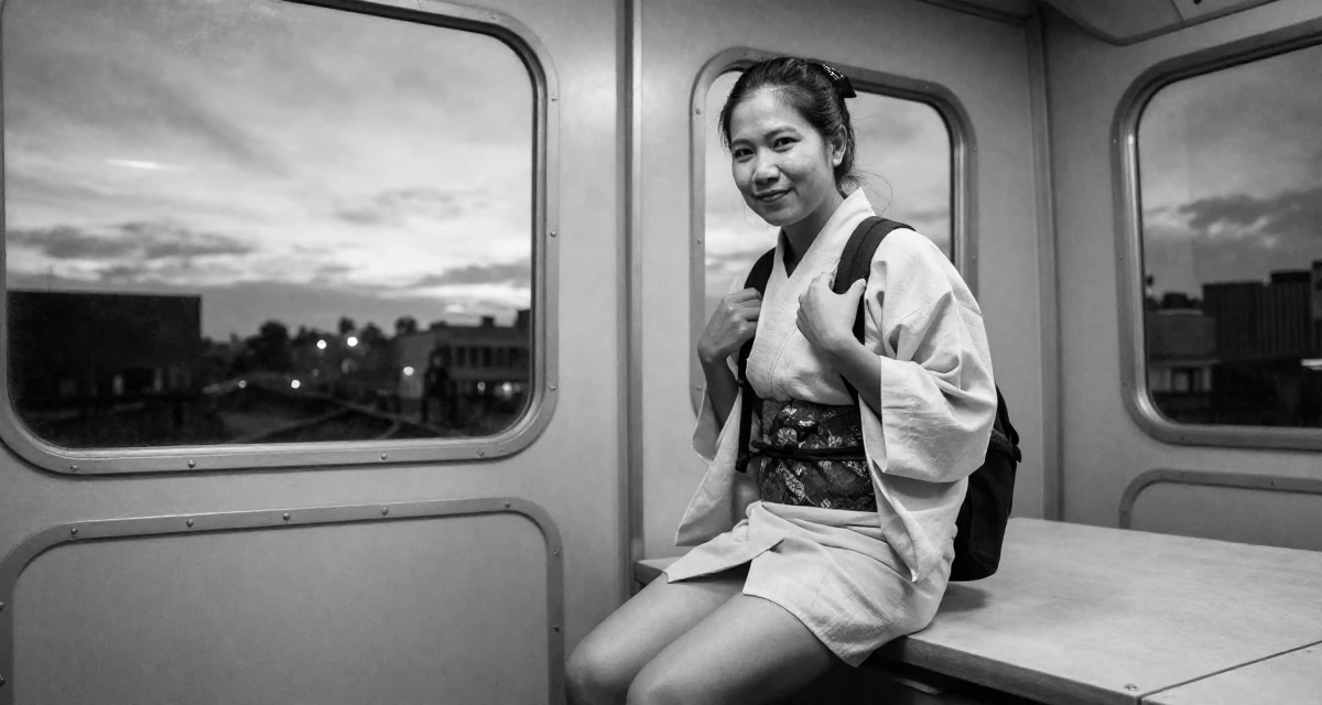 A smirking Female From Thailand, based in Chiang Mai, graduated from a regional college majoring in content production in their 50, proof that life begins at fifty, wearing a shrine maiden outfit with a short hakama skirt, adjusting a backpack strap in a spaceship corridor.