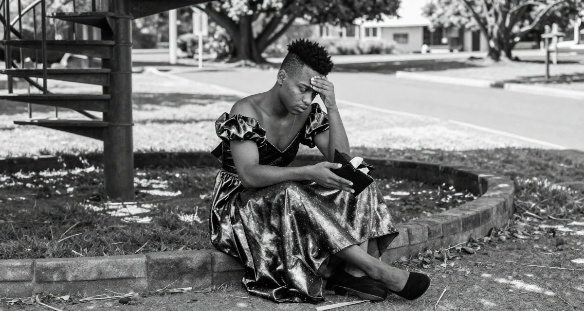 A observant male From Cape Town South Africa, learned outdoor modeling and posing in their 21, feeling the anxiety of impending graduation, wearing a galactic princess gown with metallic fabrics, checking a wallet in a quiet park.
