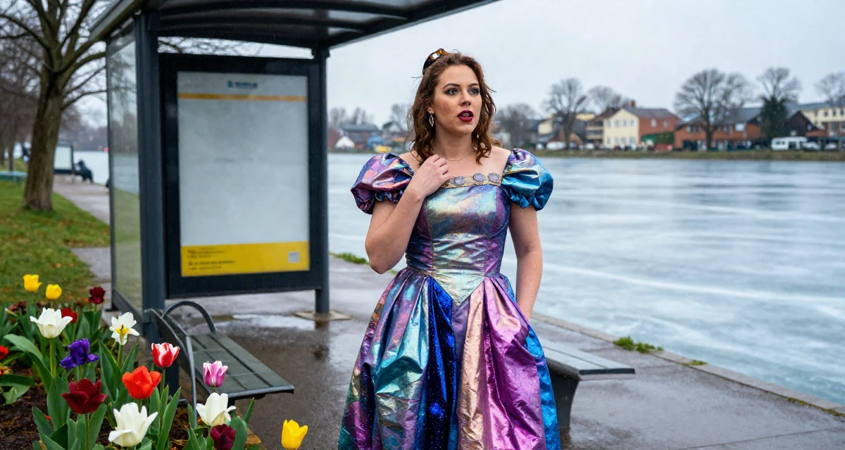A captivating Female From Belgium, has a degree in international law in their 24, struggling with inconsistent motivation, wearing a galactic princess gown with metallic fabrics, adjusting a collar in a bus stop in the rain.
