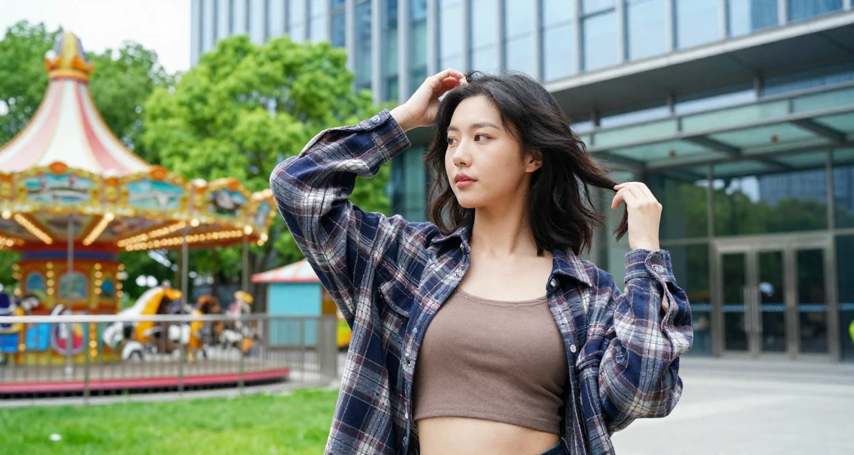 A reassured Female Once a hotel bartender, now creating nightlife-themed fan content in their 34, exploring the world of digital art and NFTs, wearing a oversized flannel shirt unbuttoned over a crop top, fixing a loose strand of hair in a carnival with rides.