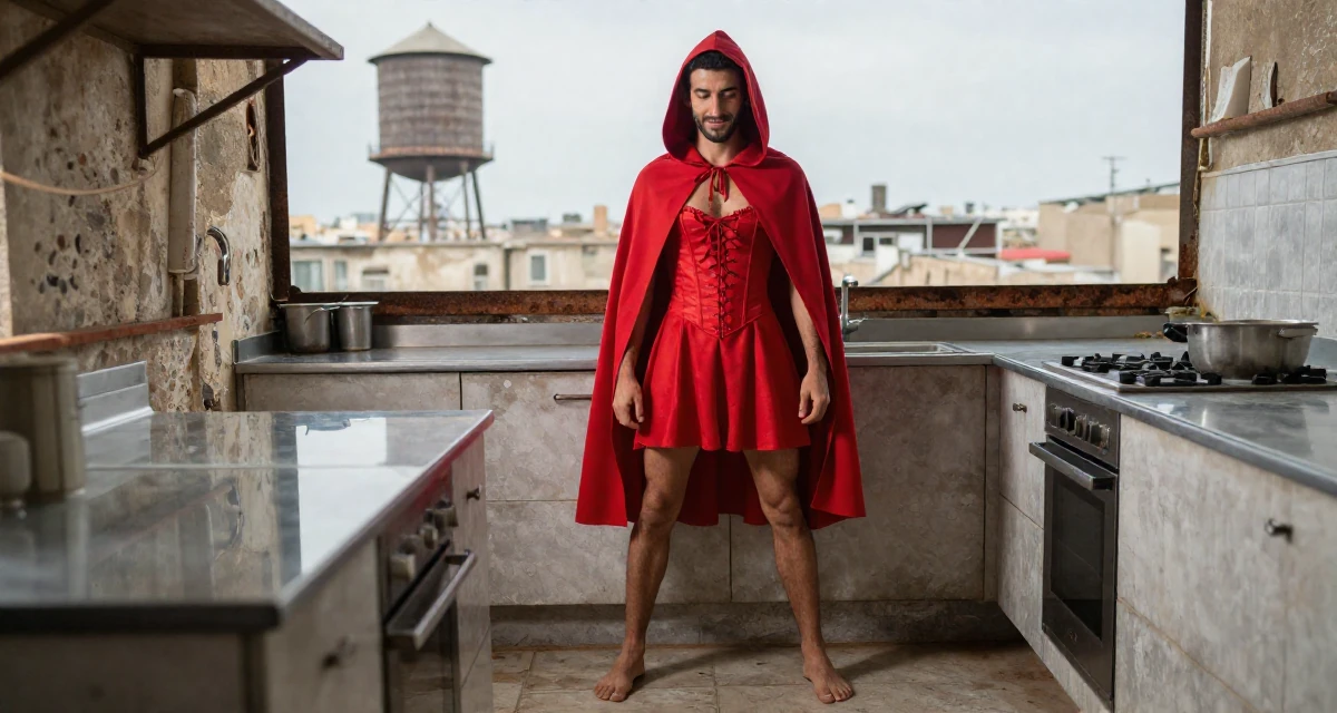 A contented male From Israel, majored in computational biology in their 22, planning themed sensual shoots for better consistency, wearing a red riding hood inspired cape and corset dress, pausing mid-step in a rustic kitchen.
