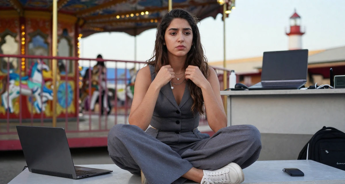 A settled Female From Syria, studied business IT in their 21, struggling to wake up for early morning lectures, wearing a fitted waist coat and wide leg trousers, fiddling with a necklace in a carnival with rides.
