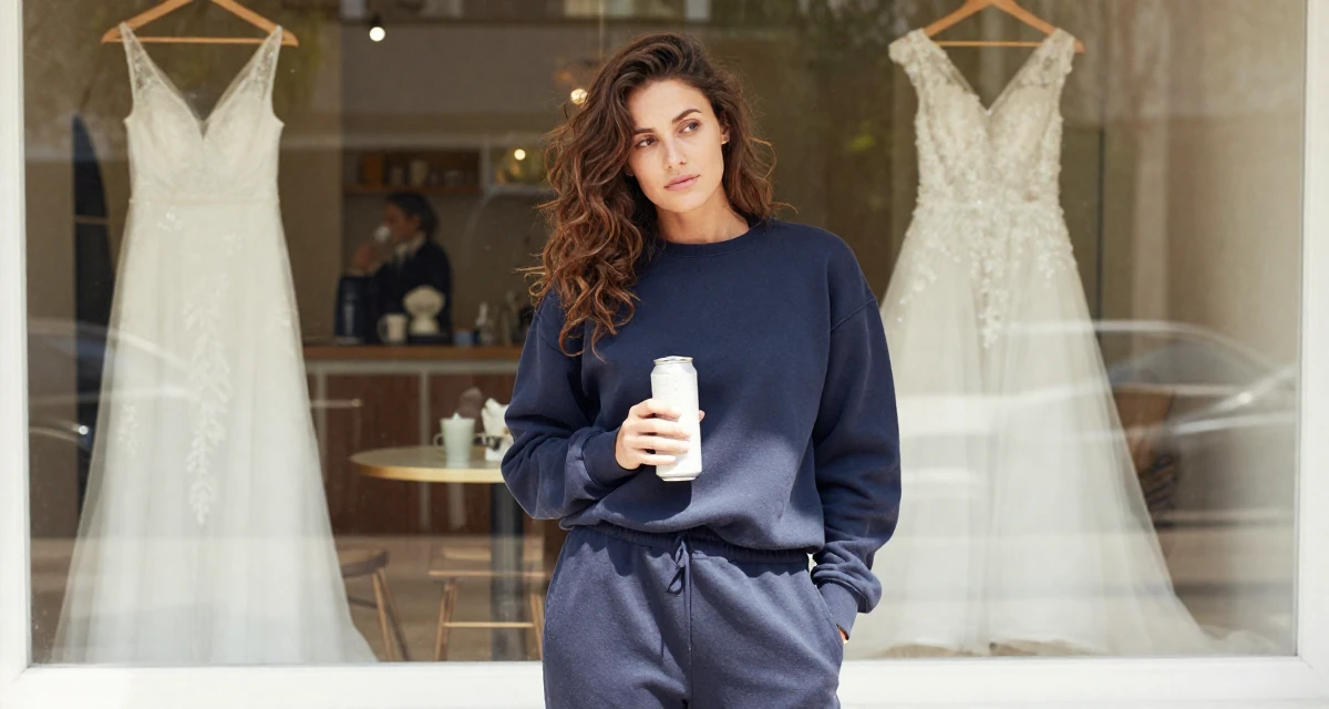 A wistful Female Former swim team athlete, now building a fitness-focused fanbase in their 23, finding comfort in semi-bold outfits that feel empowering, wearing a relaxed jogger and sweatshirt combo, holding a beverage can in a wedding venue.
