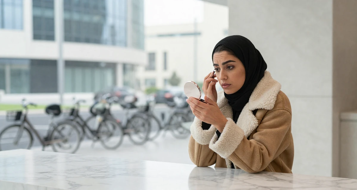 A ambitious Female From Qatar, majored in media production and editing in their 22, dealing with burnout from too many posting expectations, wearing a warm shearling jacket, checking makeup in a compact mirror in a modern skyscraper lobby.