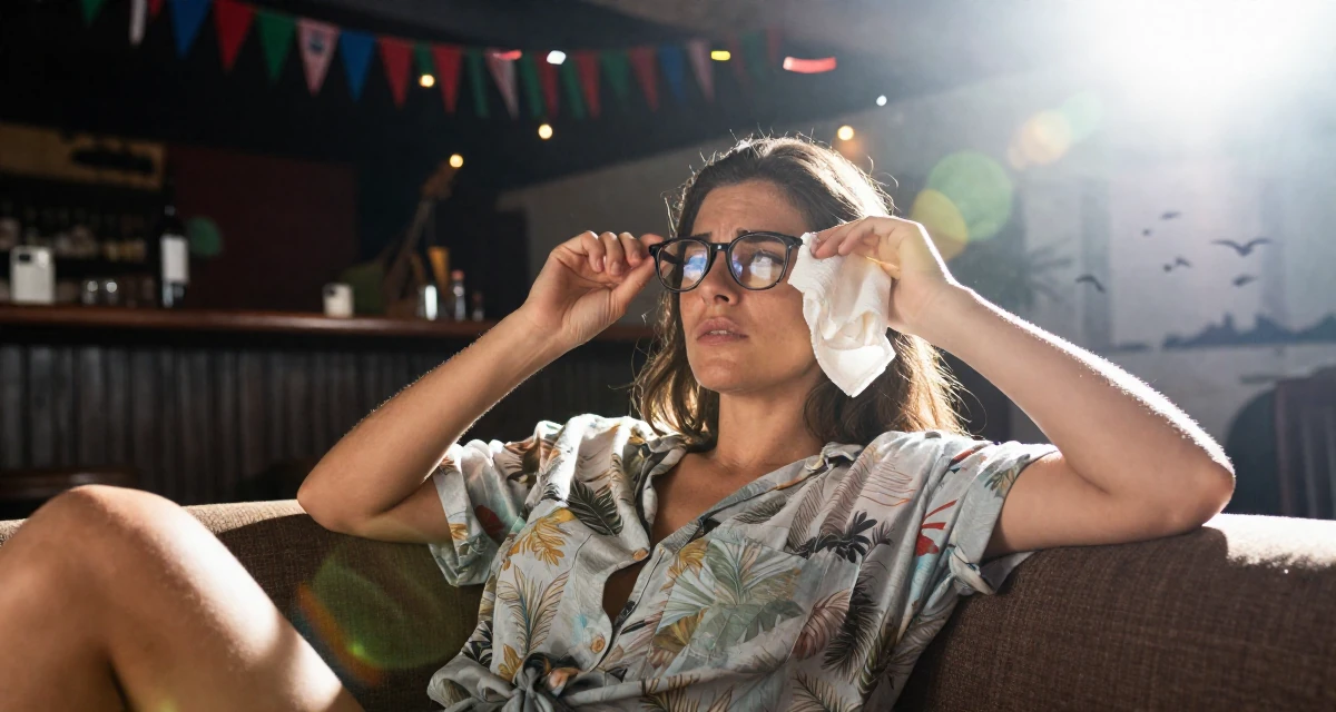 A aloof Female Born in the Dominican Republic, studied tourism marketing in their 28, realizing rebranding is emotionally draining, wearing a relaxed vacation shirt, cleaning glasses with a cloth in a dimly lit jazz bar.