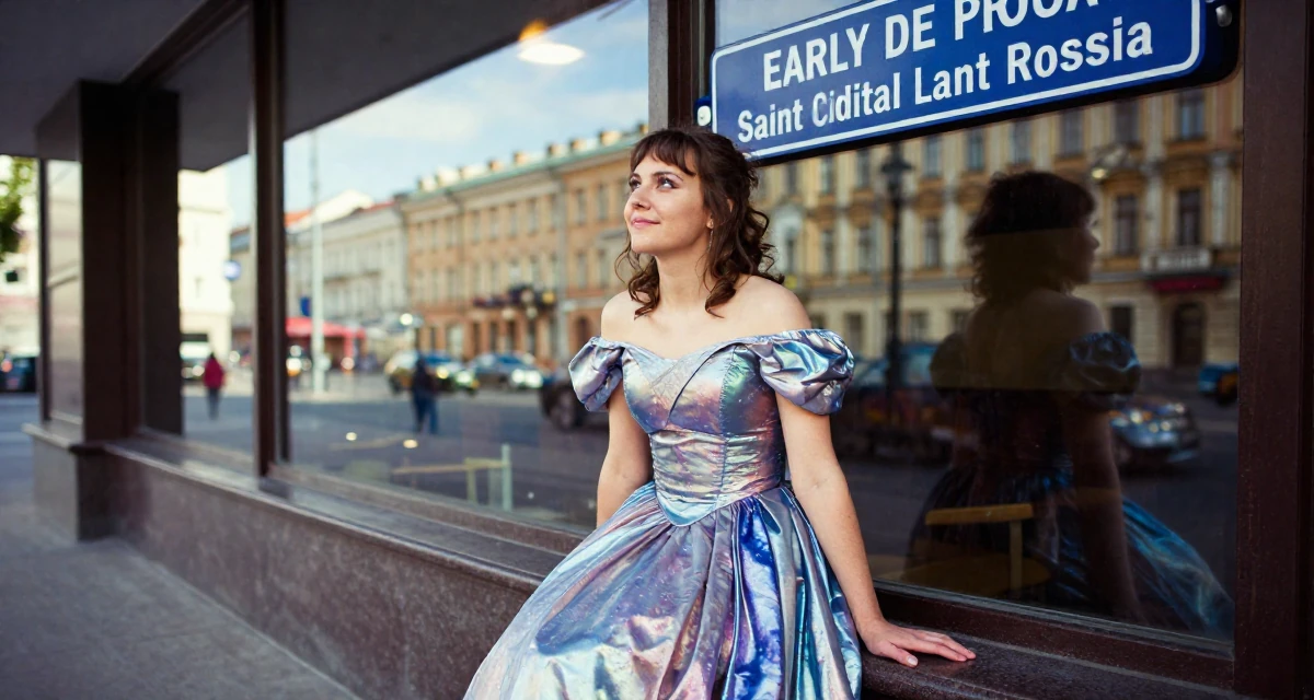 A gently amused Female From Saint Petersburg Russia, studied visual storytelling in theatrical setups in their 22, building early digital portfolios, wearing a galactic princess gown with metallic fabrics, looking at a street sign in a cinema lobby.